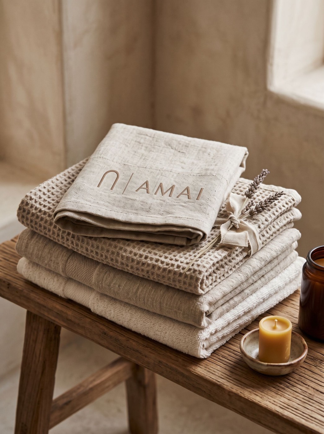 Folded AMAI linen towels with lavender and a beeswax candle